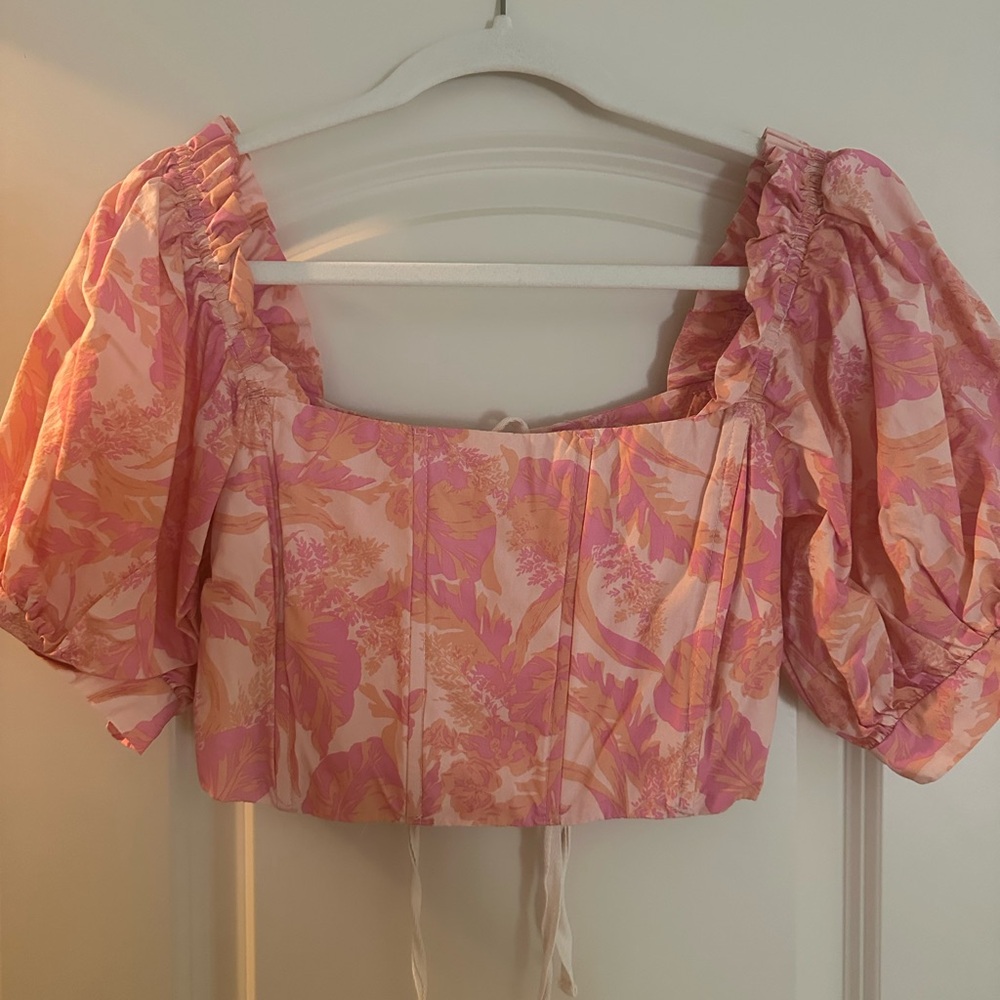 KARLIE floral print poplin puff sleeve top in pink